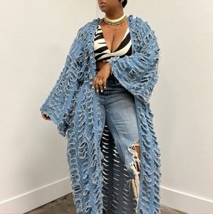 Distressed denim robe